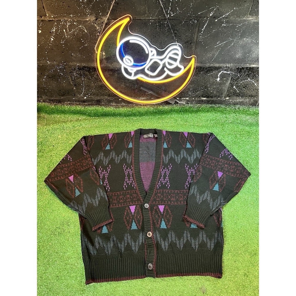 VTG Peter England Mens XL 100%Acrylic Multi-Color Multi-Pattern 3Button Cardigan